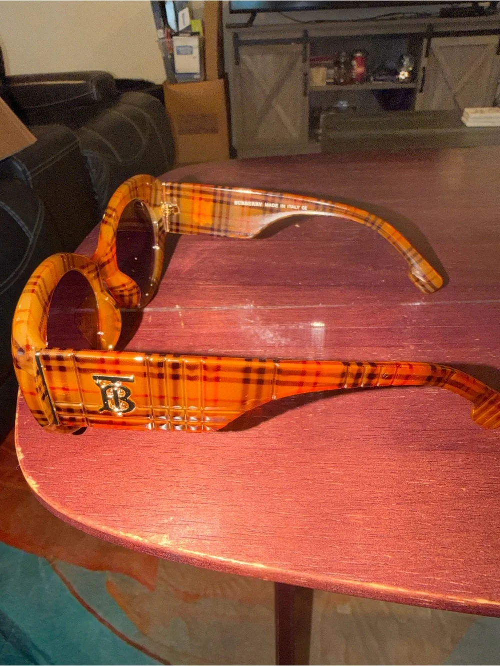 Burberry Orange Plaid Round Sunglasses - Women Accessories